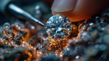 A diamond being appraised by a gemologist, with professional tools in the background. photo