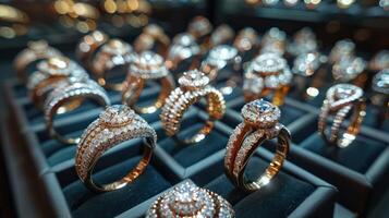 A collection of diamond rings arranged on a velvet display. Each ring is unique and amazing. photo