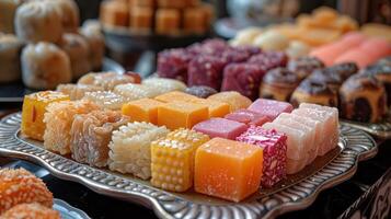 A close-up of traditional Eid Al-Adha sweets and treats arranged on a decorative plate. photo
