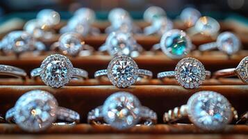 A collection of diamond rings arranged on a velvet display. Each ring is unique and amazing. photo