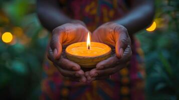 A close-up of hands holding a candle during a Juneteenth vigil or remembrance ceremony. photo