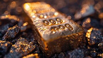 A close-up of the markings on a gold bar indicating its purity and weight. photo