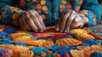 A close-up of hands making traditional Hispanic textiles, showcasing intricate patterns and colors. photo