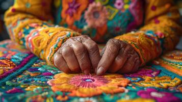 A close-up of hands making traditional Hispanic textiles, showcasing intricate patterns and colors. photo