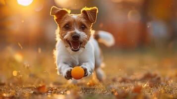 A dog playing fetch in the park, leaping to catch a frisbee in the summer sun. photo