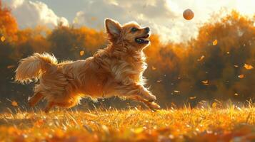 A dog playing fetch in the park, leaping to catch a frisbee in the summer sun. photo