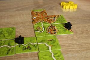 board family game carcassonne. Field with black meeples on the field road. Player Scoring Rule photo