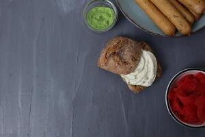 sausage cheese bun ginger spicy sauce wasabi concept homemade meal quick food photo