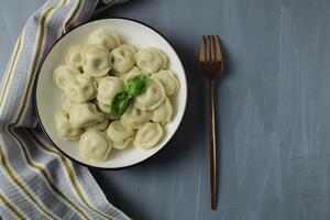 Serving lunch dumplings in a bowl with napkin, towel, fork, top view on gray background with space for copyspace text photo