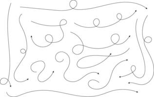 Hand drawn arrows. Hand drawn freehand different curved lines, swirls arrows. Curved arrow line. Doodle, sketch style. Isolated vector
