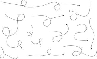 Hand drawn arrows. Hand drawn freehand different curved lines, swirls arrows. Curved arrow line. Doodle, sketch style. Isolated vector