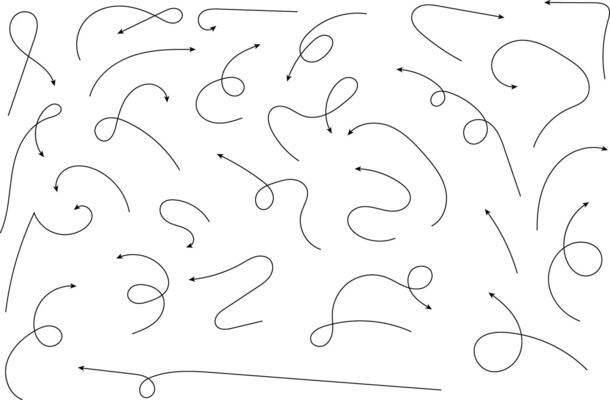 Hand drawn arrows. Hand drawn freehand different curved lines, swirls arrows. Curved arrow line. Doodle, sketch style. Isolated