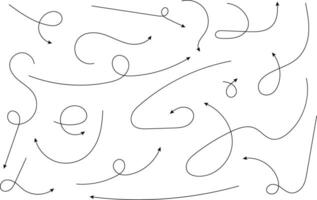Hand drawn arrows. Hand drawn freehand different curved lines, swirls arrows. Curved arrow line. Doodle, sketch style. Isolated vector