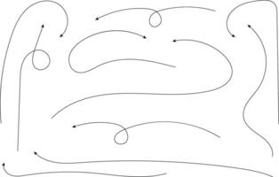 Hand drawn arrows. Hand drawn freehand different curved lines, swirls arrows. Curved arrow line. Doodle, sketch style. Isolated vector