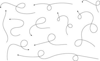 Hand drawn arrows. Hand drawn freehand different curved lines, swirls arrows. Curved arrow line. Doodle, sketch style. Isolated vector