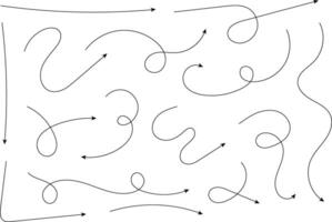 Hand drawn arrows. Hand drawn freehand different curved lines, swirls arrows. Curved arrow line. Doodle, sketch style. Isolated vector