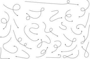 Hand drawn arrows. Hand drawn freehand different curved lines, swirls arrows. Curved arrow line. Doodle, sketch style. Isolated vector