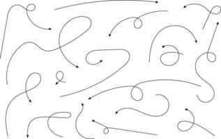 Hand drawn arrows. Hand drawn freehand different curved lines, swirls arrows. Curved arrow line. Doodle, sketch style. Isolated vector