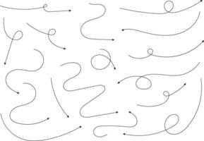 Hand drawn arrows. Hand drawn freehand different curved lines, swirls arrows. Curved arrow line. Doodle, sketch style. Isolated vector