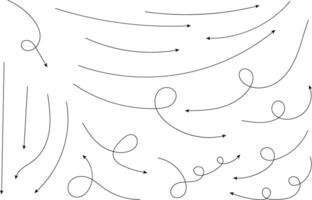 Hand drawn arrows. Hand drawn freehand different curved lines, swirls arrows. Curved arrow line. Doodle, sketch style. Isolated vector