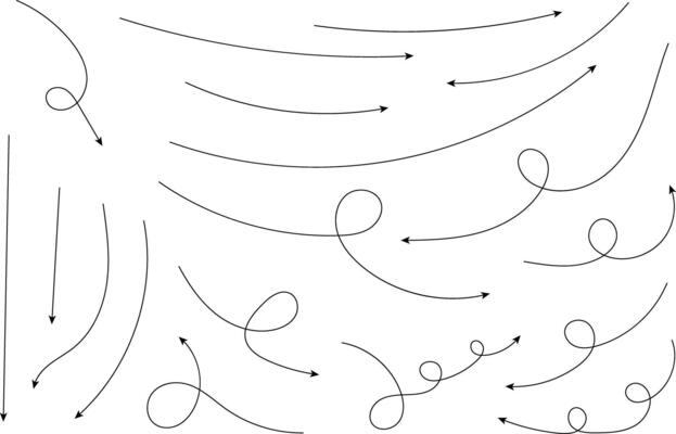 Hand drawn arrows. Hand drawn freehand different curved lines, swirls arrows. Curved arrow line. Doodle, sketch style. Isolated