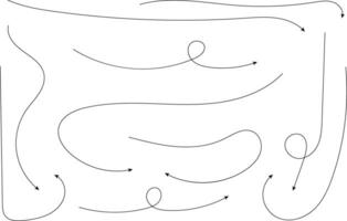 Hand drawn arrows. Hand drawn freehand different curved lines, swirls arrows. Curved arrow line. Doodle, sketch style. Isolated vector