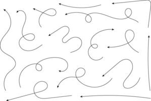 Hand drawn arrows. Hand drawn freehand different curved lines, swirls arrows. Curved arrow line. Doodle, sketch style. Isolated vector