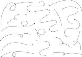 Hand drawn arrows. Hand drawn freehand different curved lines, swirls arrows. Curved arrow line. Doodle, sketch style. Isolated vector