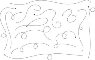 Hand drawn arrows. Hand drawn freehand different curved lines, swirls arrows. Curved arrow line. Doodle, sketch style. Isolated vector