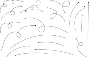 Hand drawn arrows. Hand drawn freehand different curved lines, swirls arrows. Curved arrow line. Doodle, sketch style. Isolated vector