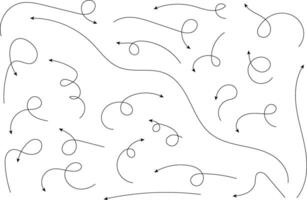 Hand drawn arrows. Hand drawn freehand different curved lines, swirls arrows. Curved arrow line. Doodle, sketch style. Isolated vector