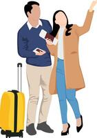 a man and woman are standing with a travel suitcase traveling concept illustration vector