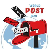 Post Day banner with post box mail box design illustration, World Post Day. World Mail Day. A square banner for the holiday. The red mailbox accepts mail, letters, parcels on the blue earth map vector
