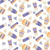 Pattern of bottles with SPF protection and doodle drawings. Protection from sunlight. Products for the face, body, lips. Various cosmetics lotion, cream, spray, lip balm. Texture of the various vials vector