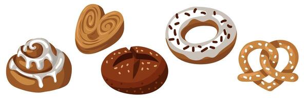 A set of colorful bakery products, a natural illustration. Cinnabon, puff pastry, bread, donut, pretzel. Natural color scheme. Baking from different types of dough. For packaging in cafes, bakeries vector