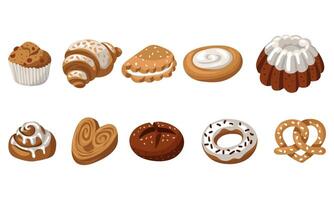 Set colorful bakery products, a natural illustration. Cinnabon, puff pastry, bread, donut, pretzel, puff, bread, donut, pretzel. Baking from different types of dough. Packaging in cafes, bakeries vector
