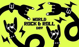 A banner with many hands of a rocker with horns, a bracelet with spikes and a welcome sign in honor of Rock Day on April 13. Long curved black arms on yellow. The inscription about the holiday vector