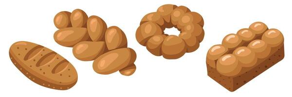 A set of colored bakery products, a natural illustration. Natural color scheme. loaf, basket, bagel. Delicious pastries from different types of products. Suitable for baking in cafes, bakeries. range vector