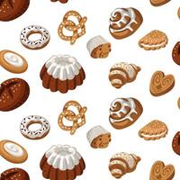 Pattern of colored baking drawings, a natural illustration. Natural color scheme. Delicious sweet pastries made from different types of dough are chaotic. Suitable for baking in cafes, bakeries. Glaze vector