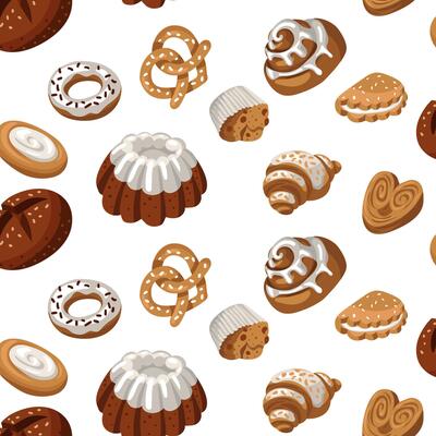 Pattern of colored baking drawings, a natural illustration. Natural color scheme. Delicious sweet pastries made from different types of dough are chaotic. Suitable for baking in cafes, bakeries. Glaze