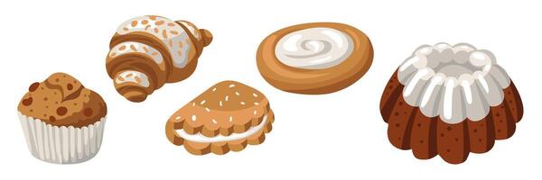 Set of colorful bakery products with a natural illustration. Cupcake, muffin, cookies, cottage cheese, croissant. Natural color scheme. Baking different types of dough. Packaging in cafes, bakeries vector
