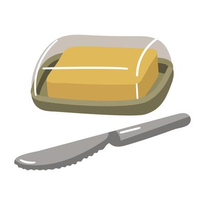 Illustration shows a jar of oil, in a closed glass oil can with a lid, ready for use. Perfect adding juiciness and flavor to your culinary creations. Insulated piece of butter on a stand with a grid