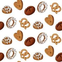 Pattern of colored baking drawings, a natural illustration. Natural color scheme. Delicious sweet pastries made from different types of dough are chaotic. Suitable for baking in cafes, bakeries. Sugar vector