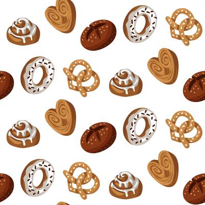 Pattern of colored baking drawings, a natural illustration. Natural color scheme. Delicious sweet pastries made from different types of dough are chaotic. Suitable for baking in cafes, bakeries. Sugar