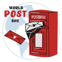 Post Day banner with post box mail box design illustration, World Post Day. World Mail Day. Square banner for the holiday. The red mailbox accepts mail, letters, parcels on the earth map, white vector