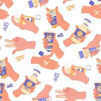 Pattern with jars of sunscreens in his hands. Squeeze and hold the liquid in a closed and open variety of tubes. Cosmetics. Face and body care products. The texture from the Spf jar. Flat packaging vector