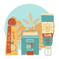 sunscreen stick, lip balm, fluid. Jars in a closed tube. Cosmetics. Face and lip care products. Icon of the jar with Spf aqua cream. A object in a flat style. Tropical leaves. Isolated object vector