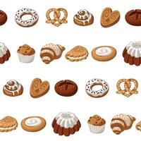 A pattern of colored bakery products, a natural illustration of baking in a row. Natural color scheme. Delicious sweet pastries made from different types of dough. For packaging in cafes, bakeries vector