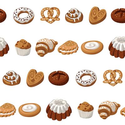 A pattern of colored bakery products, a natural illustration of baking in a row. Natural color scheme. Delicious sweet pastries made from different types of dough. For packaging in cafes, bakeries