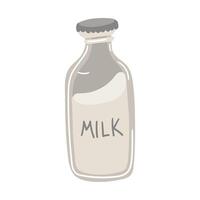 A color illustration of a glass bottle filled with milk, ideal for demonstrating the purity and freshness of dairy products. Flat insulated, hand-drawn food items. Liquid, dairy products vector